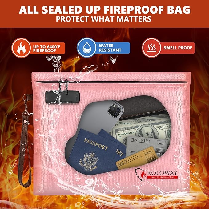 ROLOWAY Fireproof Document Bag (14.5 x 11.5 inch), 6400℉ Fireproof Money Bag with Zipper for Cash, Fire Safe Money Pouch with Lock (Pink)