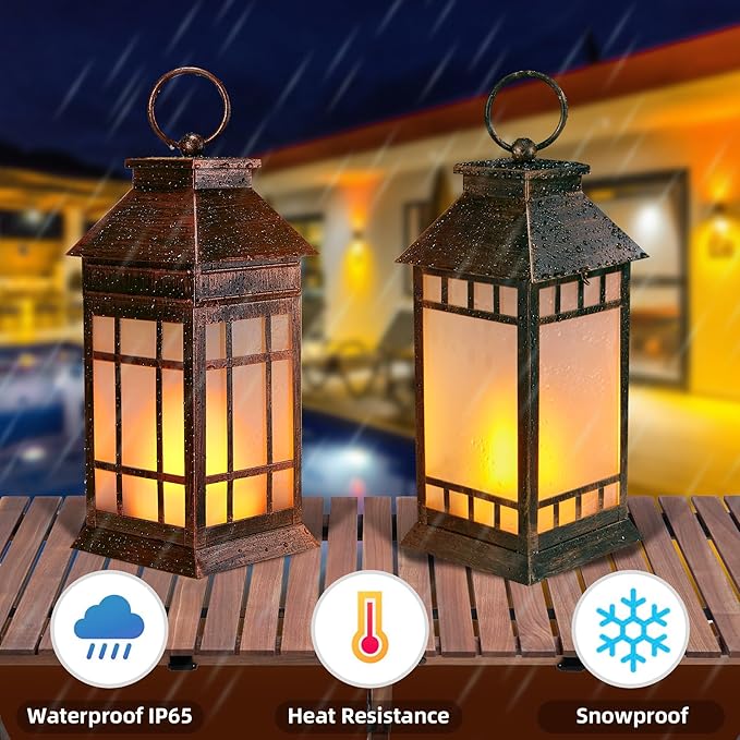 18'' Glass Solar Lantern Outdoor Waterproof, Large Hanging Solar Lanterns with Flickering Flame Lights, Metal Outdoor Lantern Decorative for Patio Garden Backyard Tabletop Mothers Day Gifts Mom