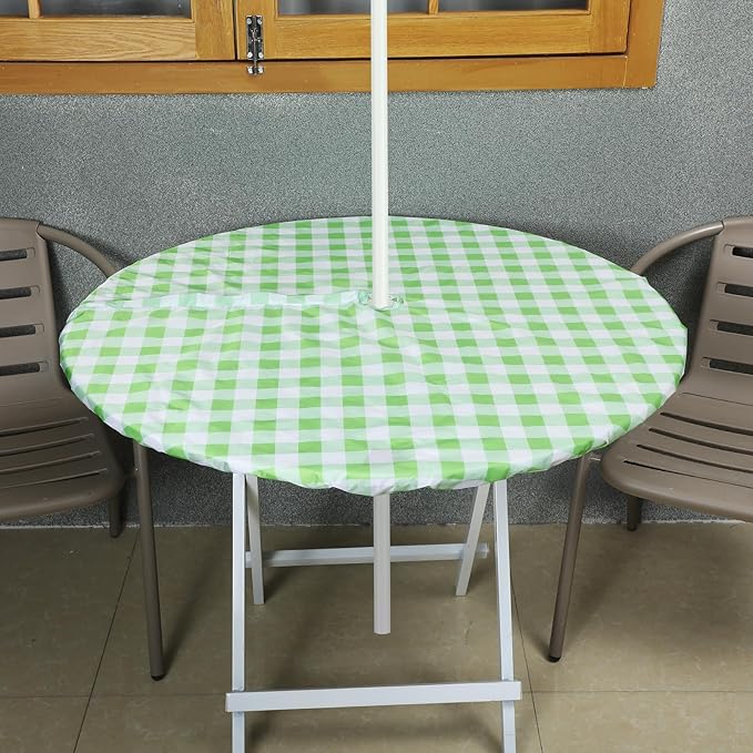 2 Pcs Round Outdoor Tablecloth with Umbrella Hole - Anti-Wrinkle Polyester Tablecloth with Elastic Zipper Table Cover for Summer Patio Camping Party(45''-53'',Plaid)