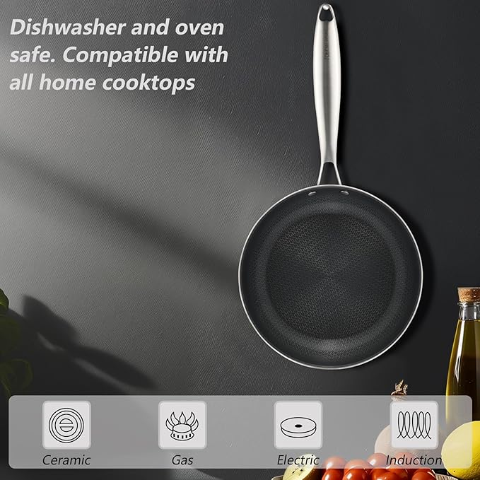 Stainless Steel Nonstick Frying Pan, Hybrid Ceramic 10-Inch Frying Pan, Stay-Cool Handle, PFAS & PFOA PTFE Free, Dishwasher & Oven Safe, Scratch-Resistant, Compatible with Induction & All Cooktops