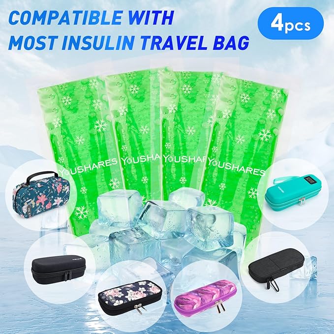 YOUSHARES TSA Approved Ice Packs for Insulin Cooler Travel Case - Reusable Small Freezer Packs for Medications, (4 Pcs, Green)