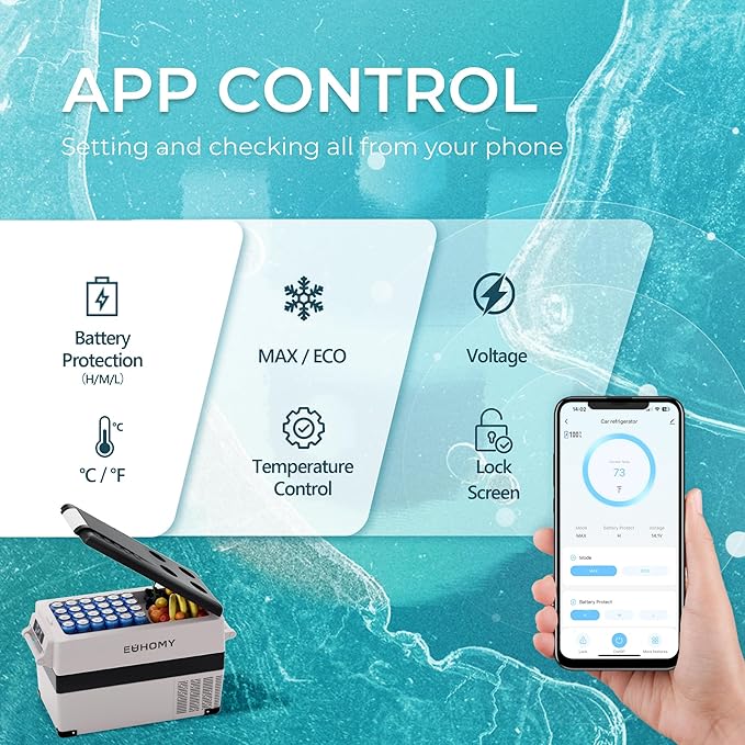 EUHOMY 12 Volt Refrigerator, 48QT(45L) Electric Cooler, 12V Fridge APP Control, 12V Cooler -4℉~68℉, Portable Freezer 12/24V DC 110-240V AC for Camping, Travel, Truck, Home