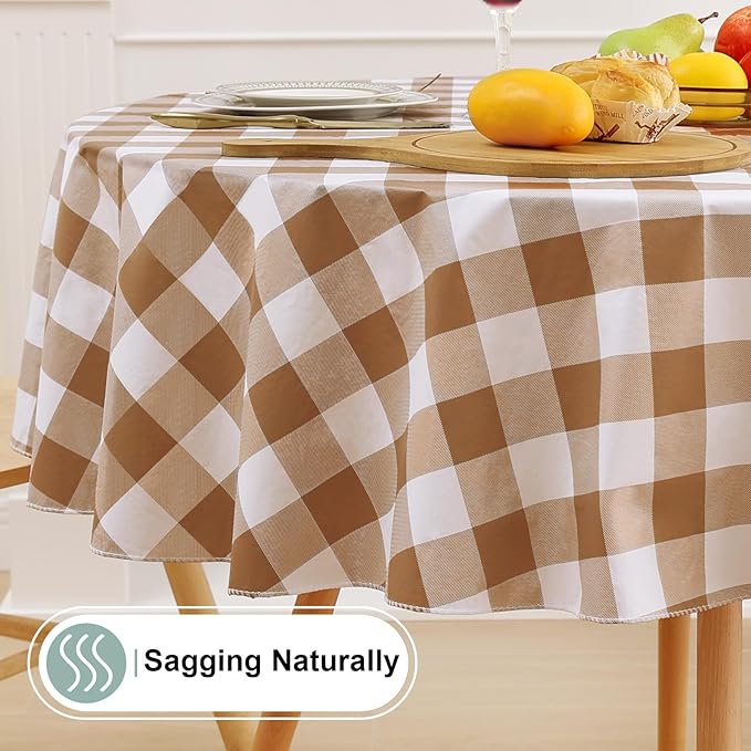 misaya Round Waterproof Vinyl Table Cloth, Buffalo Flannel Backed Tablecloth, Wipeable Plastic Table Cover for Dinner, Kitchen, Picnic (60", Brown and White)
