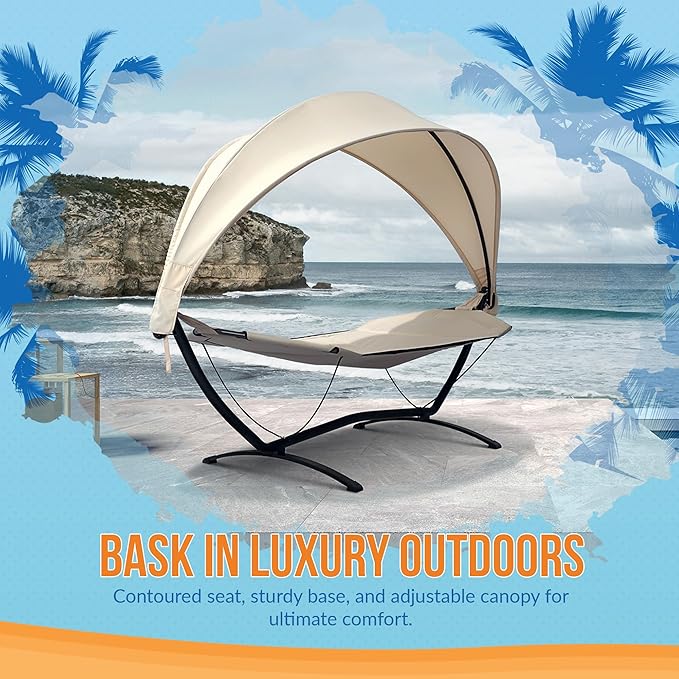 Island Retreat Sea Breeze Steel Frame Hammock Lounge Chair with Canopy - Luxury Shaded Hammock with Stand for Outside - Boho Style Beach Chair with Adjustable & Removeable Canopy - Black & Champagne
