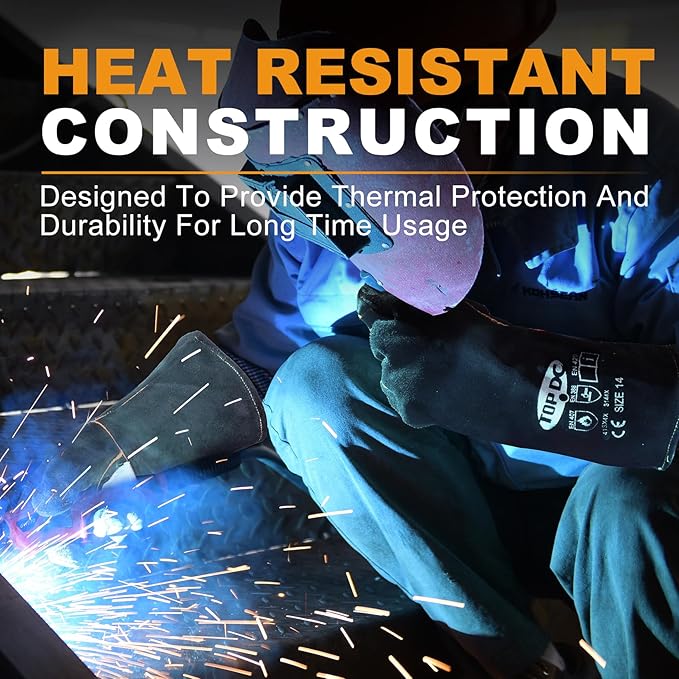 TOPDC Welding Gloves 14 Inches Fire/Heat Resistant Leather For Mig,Tig,Stick,Forge,BBQ,Grill, Fireplace,Wood Stove, Furnace,Pot,Oven