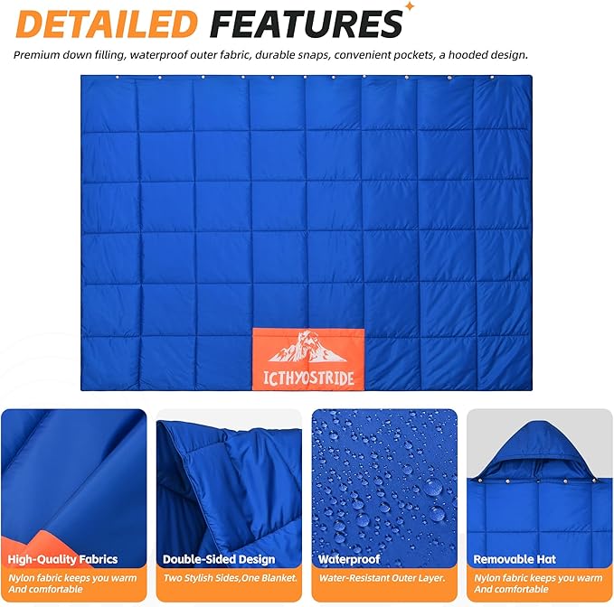 Puffy Camping Blanket with Detachable Hooded Snap-Poncho Waterproof Double-Sided Printed Reversible for Travel, Hike Cold Weather, Navy