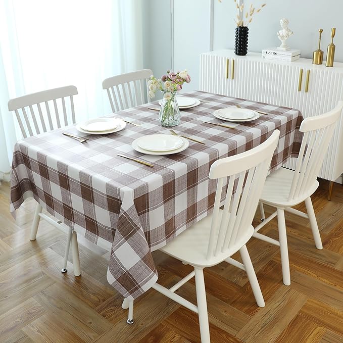 Romanstile Rectangle Plastic Tablecloth, 100% Waterproof Oil-Proof Checkered PVC Table Cloth, Heavy Duty Vinyl Table Cover for Dining, Camping, Picnic, Outdoor - 54 x 108 Inch, Brown Checkered