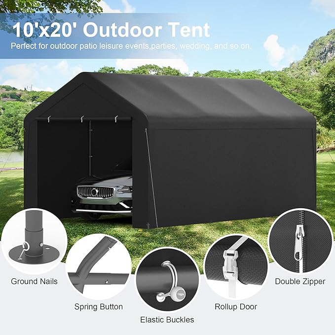 Carport, 10‘ x 20’ Heavy Duty Portable Garage All-Season Car Canopy w/Removable Sidewall & Doors, Carport Canopy Party Tent w/Water-Resistant Tarp for Backyard (Black, 10‘ x 20’)