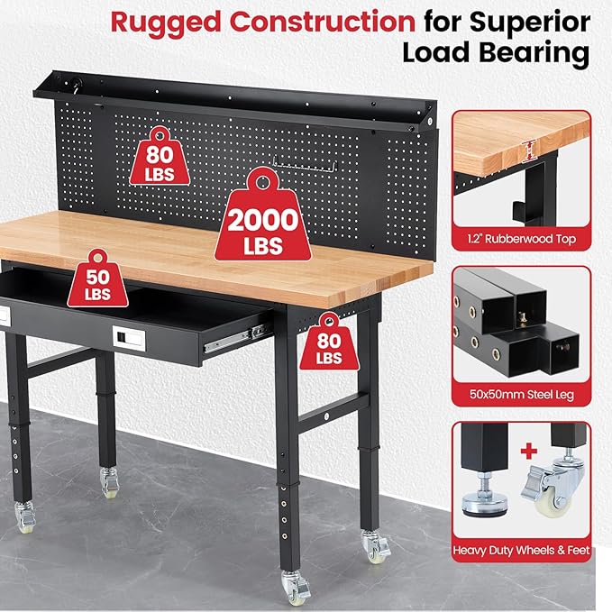 Workbench with Wheels 60 x 22 Inch Heavy Duty Rubber Wood Tabletop Work Bench with Pegboard, Drawers, Power Outlets Adjustable Height Work Table for Woodworking Shop, Home, Office