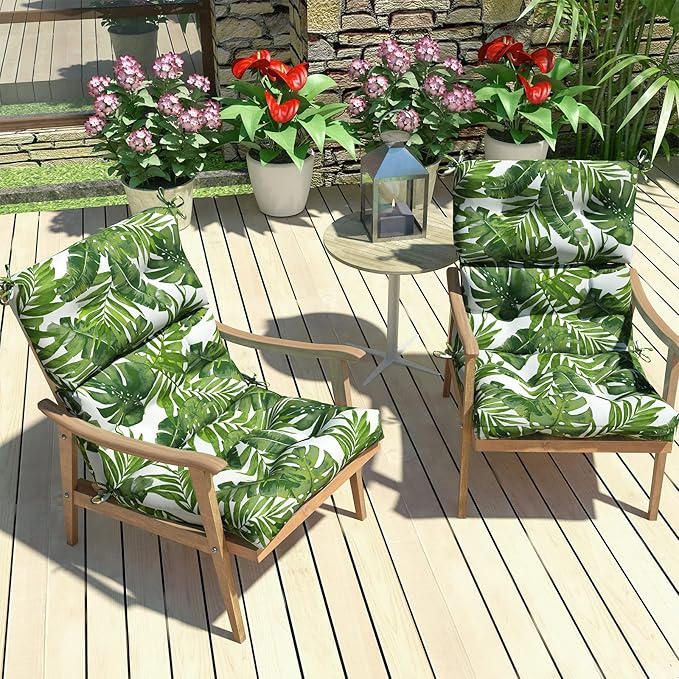 LVTXIII Outdoor Seat/Back Chair Cushion Patio Tufted High Back Cushion, Seasonal Replacement Rocking Chair Cushion with Ties (22” W x 20D”, Set of 2, Palm Green)
