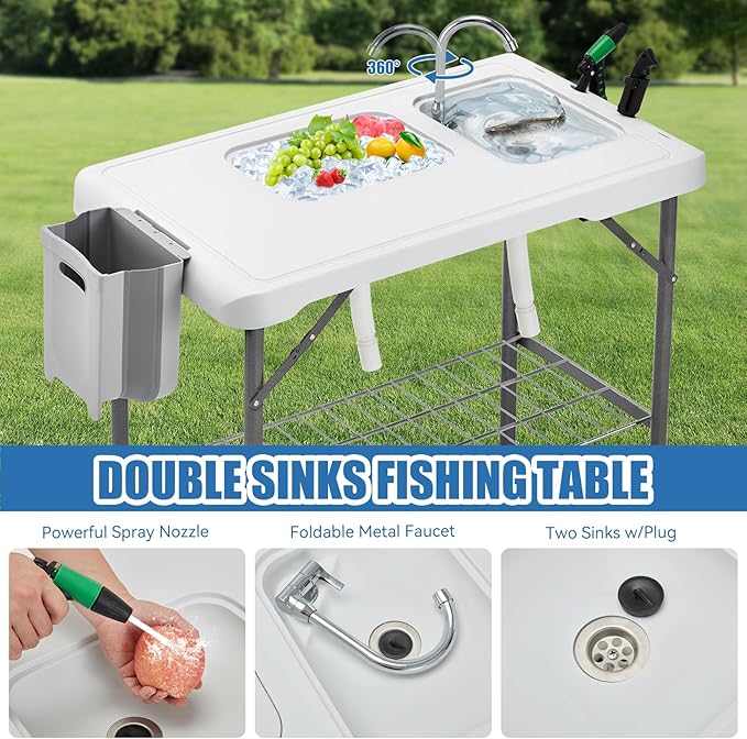 Folding Fish Cleaning Table Portable Camping Double Sinks Table w/2 Dual Water Basins, Faucet Drainage Hose & Sprayer Outdoor Fish Fillet Cleaning Station w/Knife, Storage Box,Black