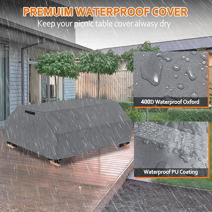 STARTWO Waterproof Picnic Table Cover Outdoor Patio Bench Covers for 6 ft Picnic Table Bench Set Windproof 70 / 72 Inch,Grey