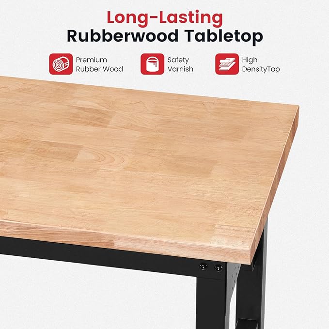 Workbench for Garage with Wheels 60 x 22 Inch Heavy Duty Rubberwood Tabletop Work Table with Under Table Shelf, Pegboard, Power Outlets for Woodworking Shop Home Office