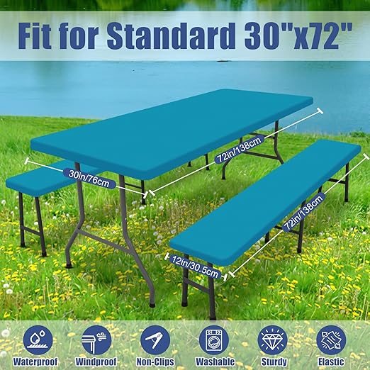 Picnic Table Cover with Bench Covers, Elastic Fitted Spandex Tablecloths for 6 Foot Rectangle Tables, Stretch Washable Patio Tablecloth for Outdoor, Camping (Turquoise, 30"x72")