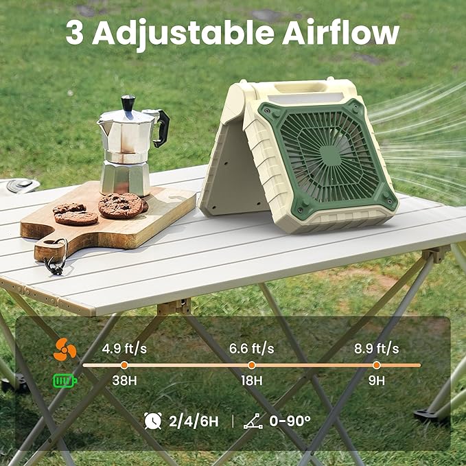 KITWLEMEN 10.2 Inch Solar Camping Fan with Light- Rechargeable Battery Operated Fan, 38H Run Time, 3 Speed, 6H Timer, SOS Signal, Portable Desk Fan for Camping Fishing RV Trips Hurricane Power Outage