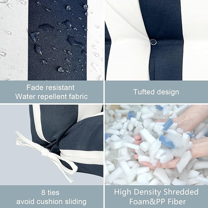 LVTXIII 2 Pack Outdoor High Back Cushions Patio Tufted Seat and Back Chair Cushions with Ties, Replacement Chair Pad for Outdoor Furniture Decoration (44” L x 22 W”, Set of 2, Cabana Navy)