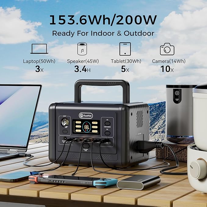 Flashfish 200W Portable Power Station - 153Wh LiFePO4 Battery, 400W Surge, Pure Sine WaveAC Outlets, 60W PD USB-C, Fast Recharge, Solar Generator for Home, Camping & Emergencies