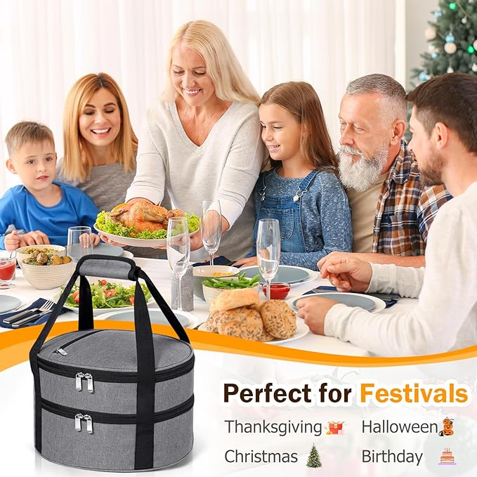 Round Double Insulated Casserole Carrier, Pie Carrier Bag, Portable Casserole Carrier for Hot or Cold Food Lunch Tote, Lunch Bag for Parties Picnic, Fits 12.5" Baking Dish, Grey