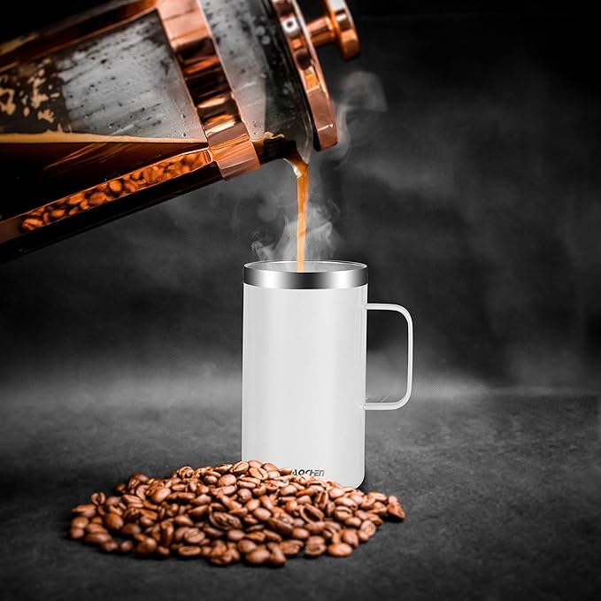 KXIAOCHEN 20oz Insulated Coffee Mug with Lid, Stainless Steel Coffee Cup, Double Wall Vacuum Coffee Tumbler with Handle, Premium Thermal Travel Coffee Mug (Pearl White)