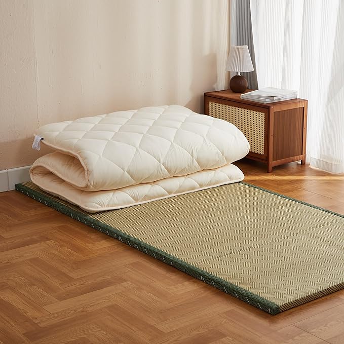 Japanese Floor Futon Mattress, Tatami Mat Sleeping Pad, Shikibuton, Mattresses Topper, Boys Girls Roll Up Dormitory Mattress, Foldable & Portable Floor Lounger Bed, Guest Bed (Cream, Full)
