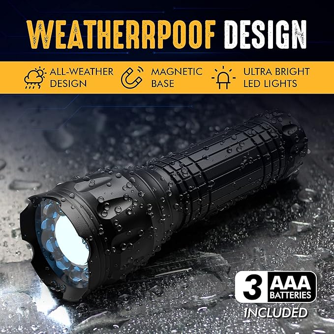 SAMLITE- LED Tactical Flashlight with 5 Options, Bright LED Light, Laser Pointer, UV Blacklight, Green Light and Magnetic Bottom - Water Resistant - (3 AAA Batteries Included)