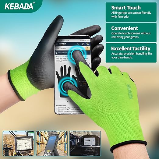 Kebada W1 Work Gloves for Men and Women, PU Coated Safety Gloves with Grip, Touchscreen, Ideal for Warehouse Package Handling, Construction, Gardening, Green XX-Large