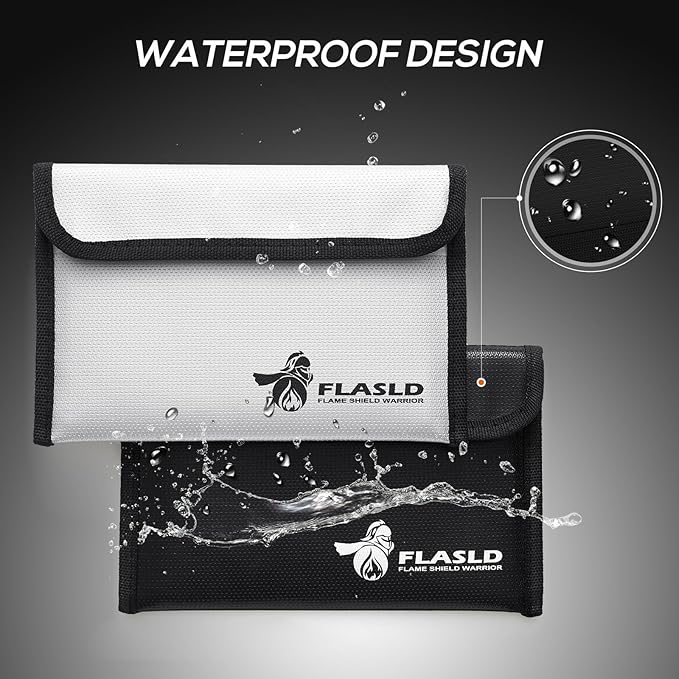 FLASLD Fireproof Money Bags, Fireproof Wallet Pouch, Small Safe Bag for Cash, Valuables & Passport, with Silicone Coating & Zipper Closure (2-Pack Money Bag-8x5”)