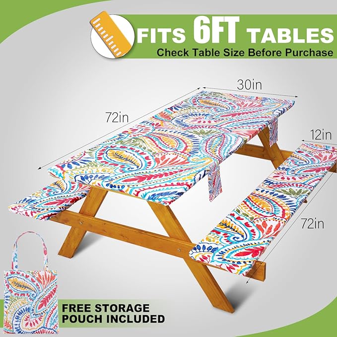 Fitted Picnic Table Cover with Bench Covers Waterproof Elastic Edges Rectangle Patio Tablecloth Outdoor Camping Essentials Stuff Rv Accessories Summer Trip Travel Supplies Party Camper Gifts, 6 ft