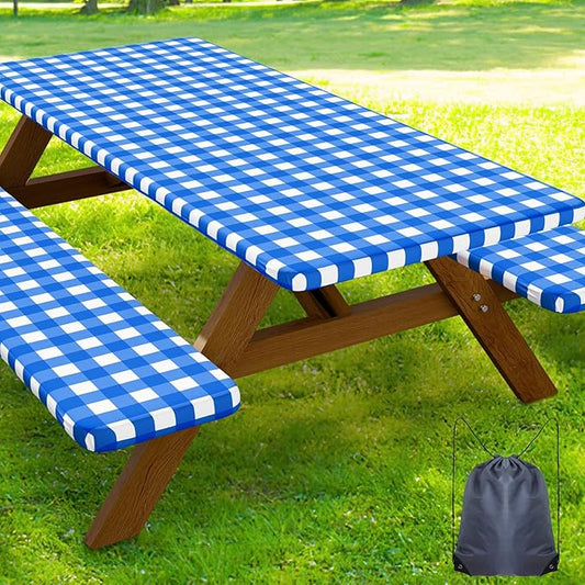 Smiry Picnic Table Cover with Bench Covers, Waterproof Elastic Fitted Tablecloths for 6 Foot Rectangle Tables, Washable Buffalo Plaid Tablecloth for Camping, Outdoor (Blue & White, 30"x72")