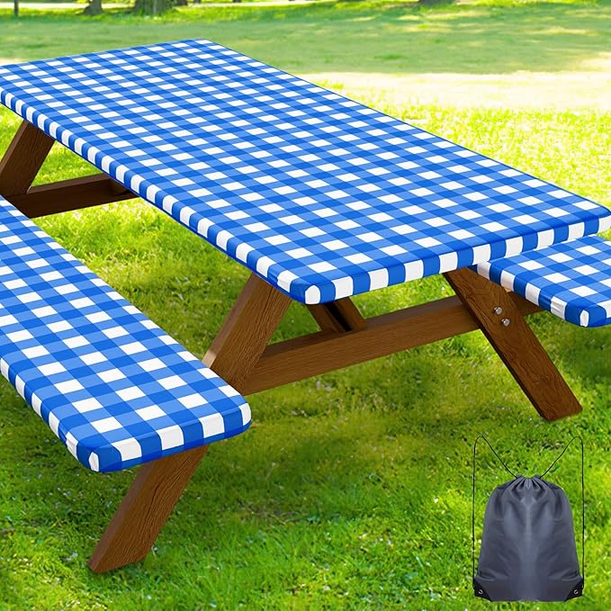 Smiry Picnic Table Cover with Bench Covers, Waterproof Elastic Fitted Tablecloths for 8 Foot Rectangle Tables, Washable Buffalo Plaid Tablecloth for Camping, Outdoor (Blue & White, 30"x96")