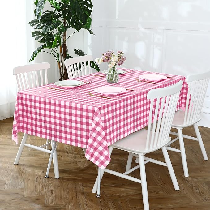 Romanstile Square Vinyl PVC Tablecloth, 100% Waterproof Buffalo Plaid Plastic Table Cloth, Oil Proof Heavy Duty Wipeable Table Covers for Dining/Camping/Picnic/Outdoor - 54 x 54, Hot Pink