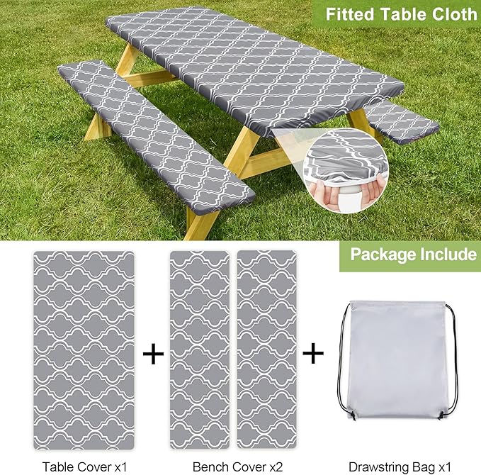 Picnic Table Cover with Bench Covers Camping Essentials Waterproof Windproof Camping Tablecloth with Drawstring Bag, Fitted Rectangle Tables and Seats, 72in, Grey