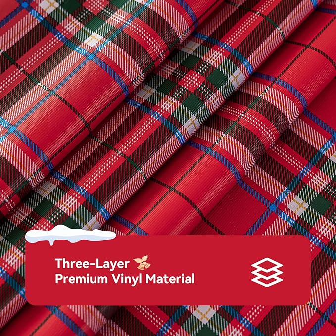 Romanstile Christmas Rectangle Vinyl Tablecloth, 100% Waterproof Oil-Proof Checkered PVC Table Cloth, Heavy Duty Xmas Plastic Table Cover for Dining, Party, Holiday Decor - 54 x 120 Inch, Red