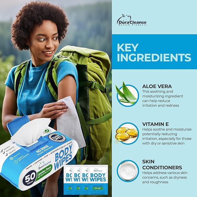 XL Body Wipes - (4 Pack) 200 Shower Wipes + 16 Travel Bath Sheets - 9" x 12" Thick Cleansing Waterless Washcloths - No Rinse Disposable Adult Wash Cloths for Elderly Incontinence, Camping Essentials