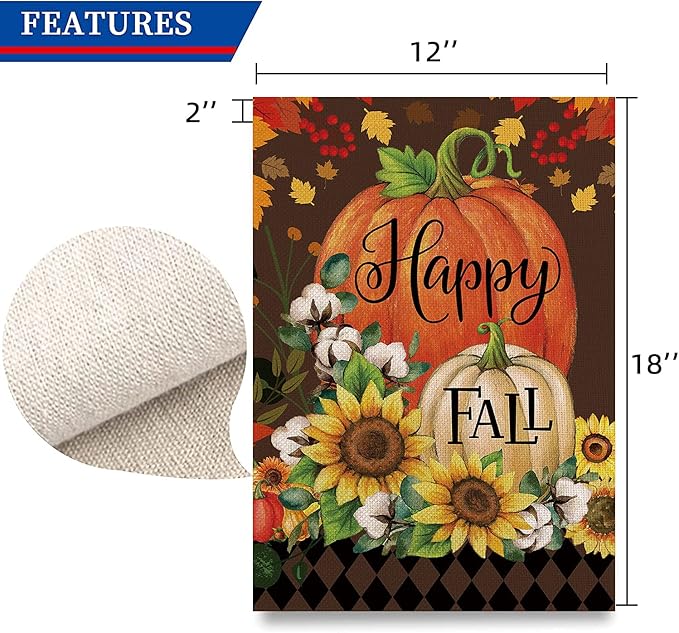 Happy Fall Garden Flag Burlap Autumn Vertical Double Sided Fall Thanksgiving Pumpkin Garden Flag Yard Outdoor Decoration 12.5 X 18 Inch