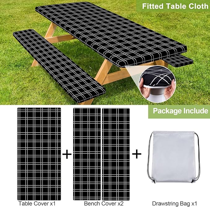 Picnic Table Cover with Bench Covers Camping Essentials Waterproof Windproof Camping Tablecloth with Drawstring Bag, Fitted Rectangle Tables and Seats, 96in, Black Checkered