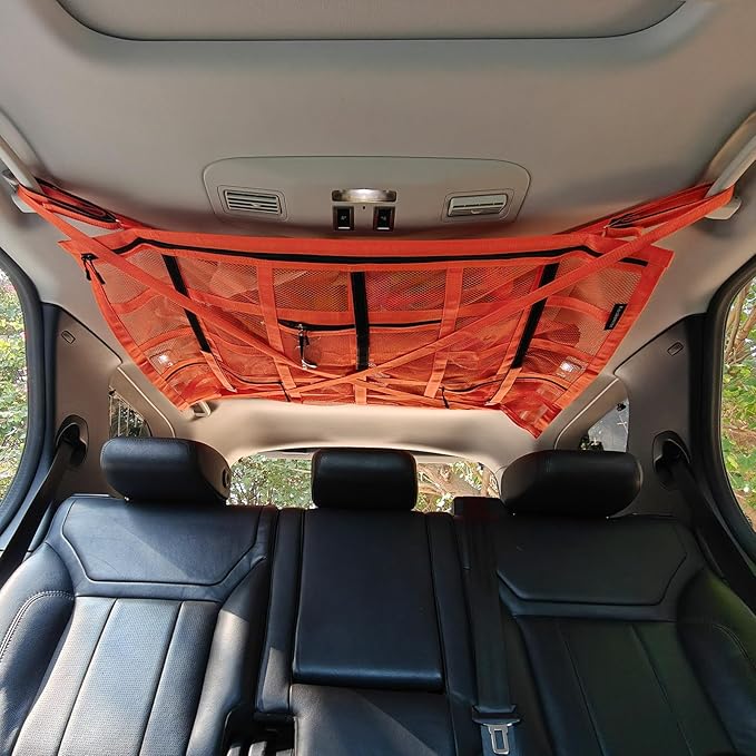 Kaskawise SUV Car Ceiling Cargo Net with Adhesive Straps,Double-Layer Mesh Car Roof Net Storage for Truck, Van,Travel Long Road Trip Camping Interior Accessories 39.3 X 23.6 Inch,Orange
