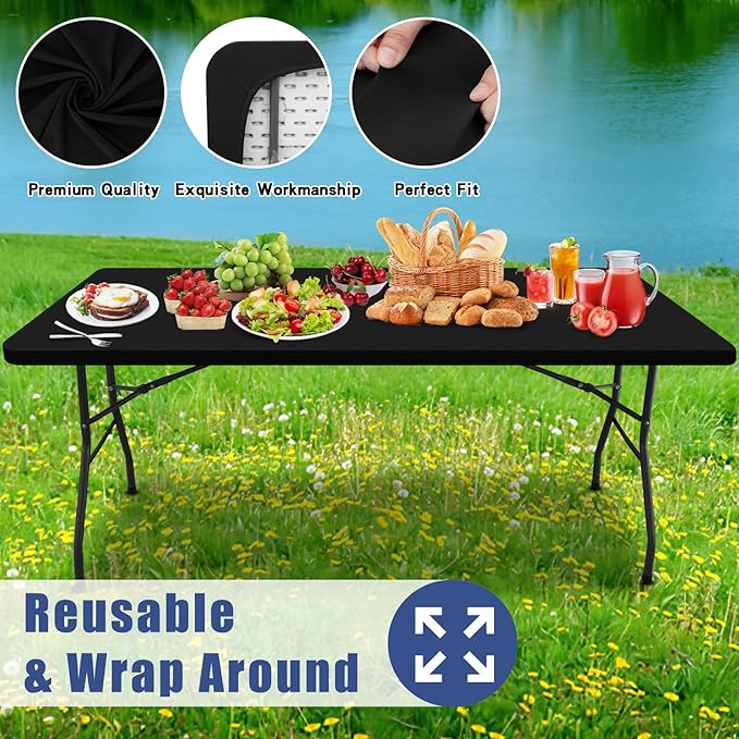 Spandex 8 Foot Rectangle Table Cloth 2 Pack, Elastic Fitted Tablecloths for Picnic, Stretch Washable Patio Table Cover for Outdoor, Camping, Banquet and Parties (Black, 36"x96")