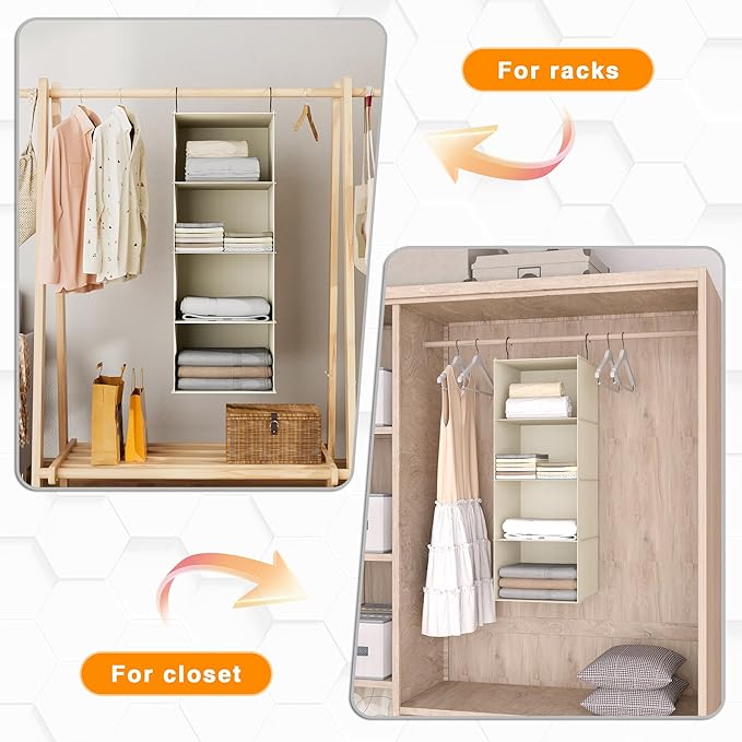 Hanging Closet Organizer, Easy Mount Foldable 4-Shelf Hanging Closet Wardrobe Storage Shelves, Clothes Handbag Shoes Accessories Storage, Washable Oxford Cloth Fabric, Beige