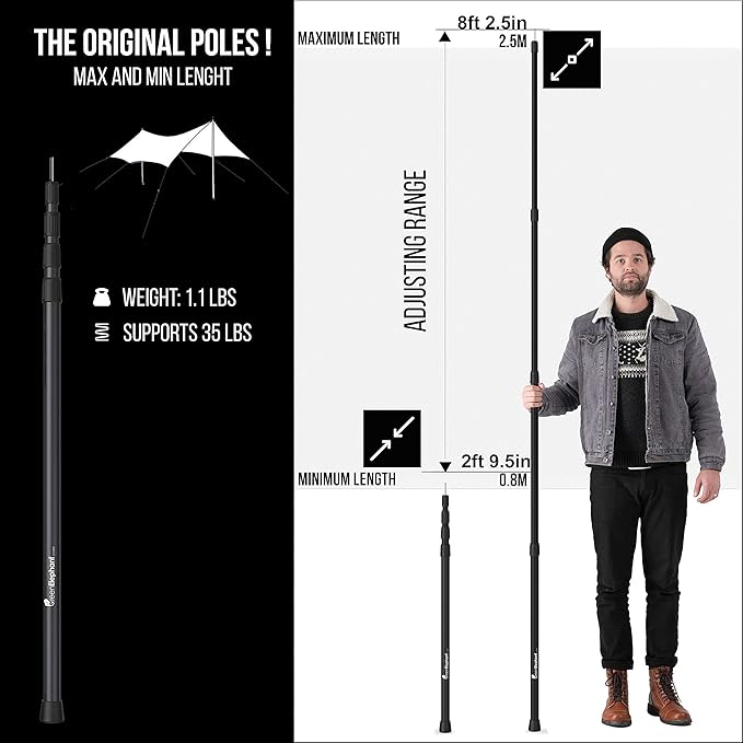 Telescoping Tarp Poles Set of 2 – Adjustable Aluminum Rods for Tents and Tarps –Tarp Pole Light, USB Rechargeable LED Point Guard for Camping, Hiking, Biking, Fishing, Festivals, Parti