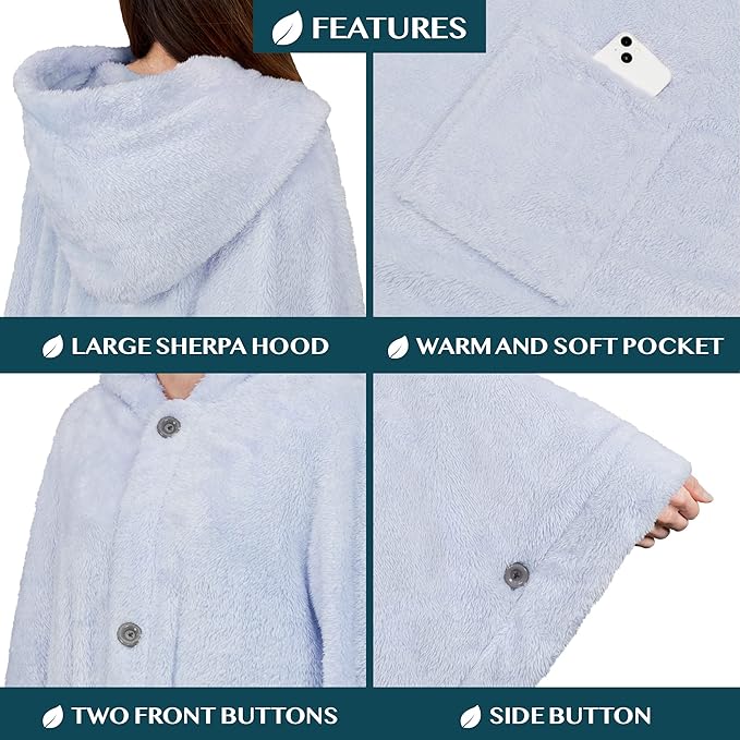 PAVILIA Angel Wrap Hooded Blanket Poncho, Wearable Blanket Throw Wrap Poncho for Women Adult, Cozy Fluffy Sherpa Fleece Shawl Cape with Hood pockets, Warm Gift for Mom Wife, Light Blue
