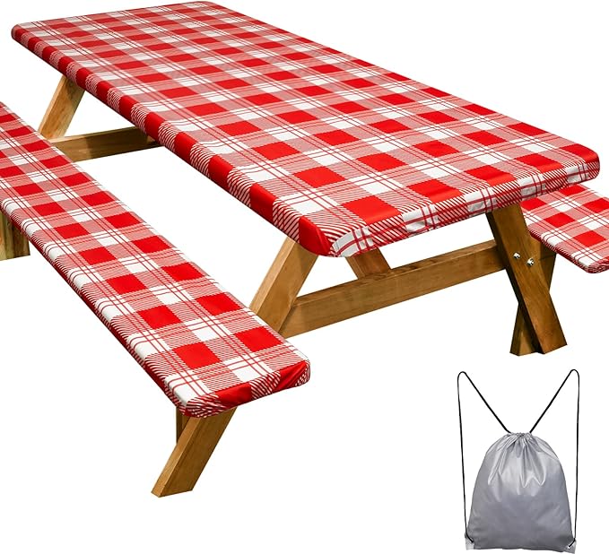 Picnic Table Cover with Bench Covers Camping Essentials Waterproof Windproof Camping Tablecloth with Drawstring Bag, Fitted Rectangle Tables and Seats, 72in, Red Checkered