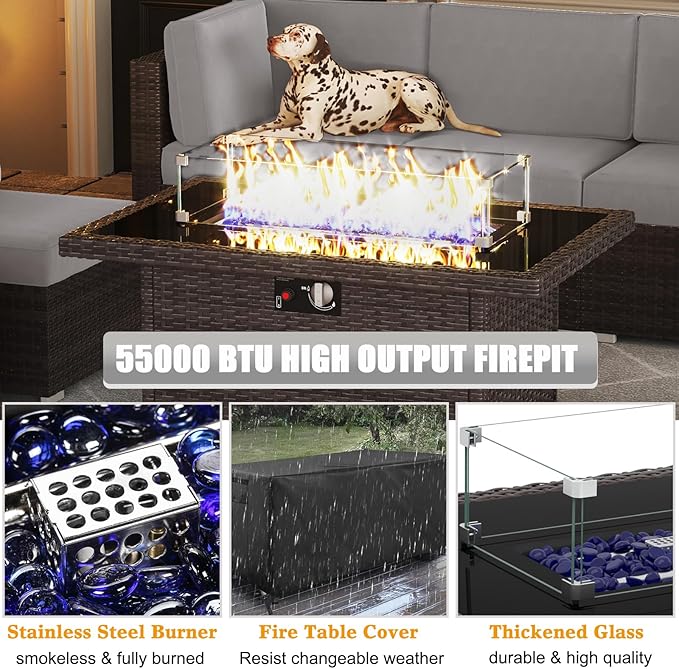 LayinSun 13 Pieces Outdoor Patio Furniture Set with 44" Fire Pit Table Brown Rattan Sectional Sofa Conversation Sets