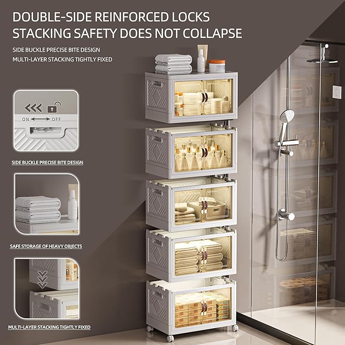 332 QT / 83 Gal White Storage Bins with 1 Lid - Collapsible Stackable Cabinet Organizer w/Wheels & Magnetic Doors, Plastic Storage Box for Office Closet Organization