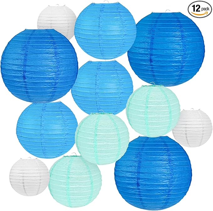 12Pcs Blue and White Paper Lanterns Assorted Sizes (6" 8" 10" 12") for Home Decor, Wedding, Birthday, Mamma Mia Party Decorations, Hanging Chinese Japanese Paper Lantern (3 Blue Colors)