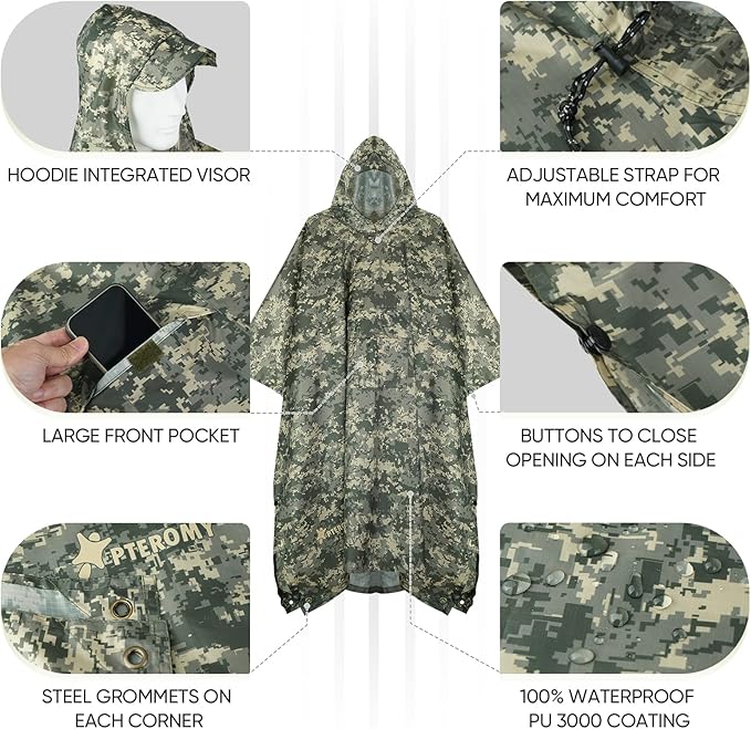 PTEROMY Hooded Rain Poncho for Adult with Pocket, Waterproof Lightweight Unisex Raincoat for Hiking Camping Emergency