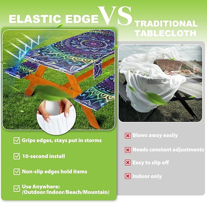 Picnic Table Cover with Bench Covers Vinyl Elastic Edges Fitted Rectangle Seat Tables Waterproof 3-Piece72X30in Set Outdoor Rectangular Folding Backing Tablecloth for Camping Over SizeTie-Dye 101