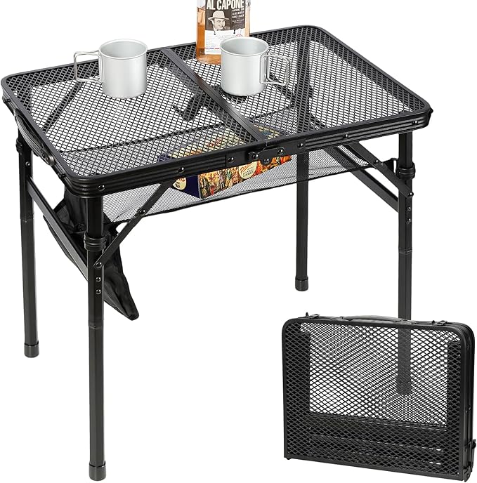 Small Floding Grill Table with Mesh Layer, 2 Height Adjustable, Portable & Lightweight Metal Camping Table for Outdoor, Beach & BBQ - Compact (2 FT, Black)