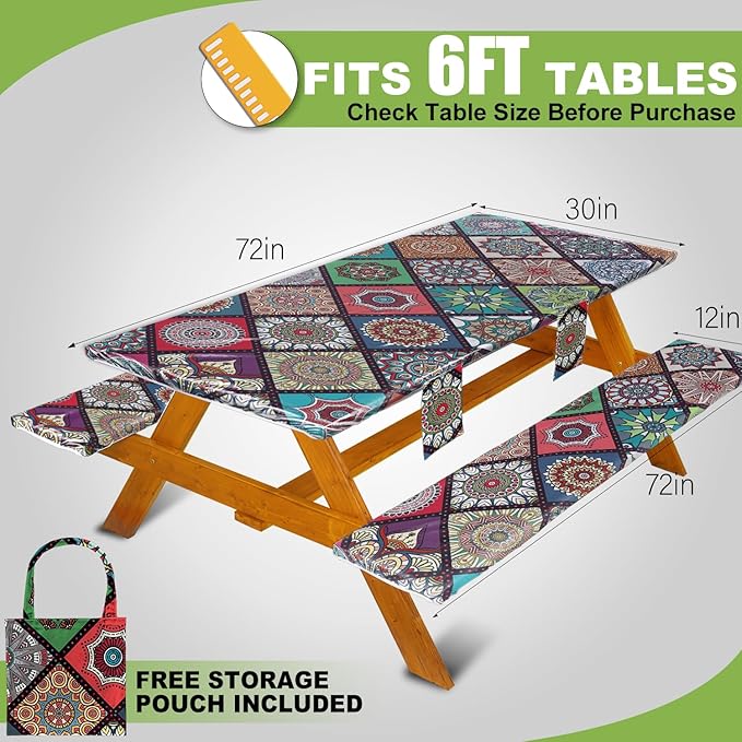 Fitted Picnic Table Cover with Bench Covers Waterproof Elastic Edges Rectangle Patio Tablecloth Outdoor Camping Essentials Stuff Rv Accessories Summer Trip Travel Camper Gifts for Woman Men, 72in 6 ft