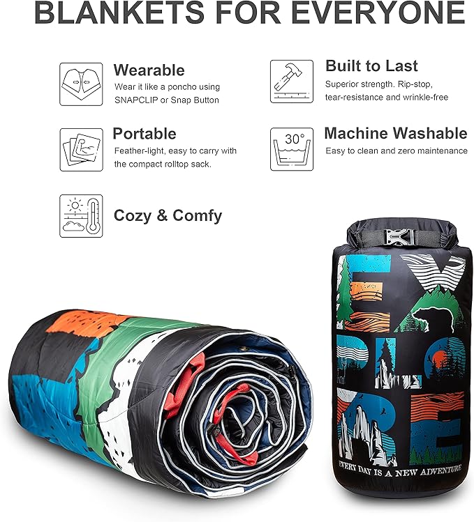 ECOSILK Puffy Blanket for Camping, Traveling, Picnics | Wearable, Waterproof, Lightweight, Packable Outdoor Travel Blanket Airplane w. Stuff Sack for Stadium, Car, Festival | 55 X 79 in